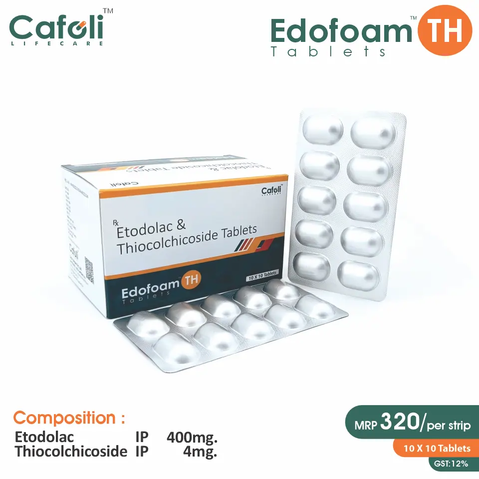 Etodolac 400mg + Thiocolchicoside 4mg Tablet at Best Price in PCD Pharma Franchise for NSAID and Pain Relief, Muscle Relaxant.